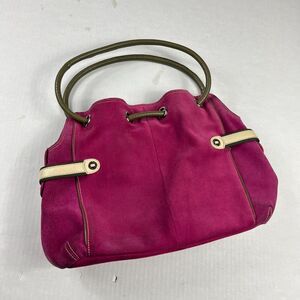 Cole Haan Fuchsia Suede Shoulder Bag Olive Trim Leather Strap Boho Slouchy Tote